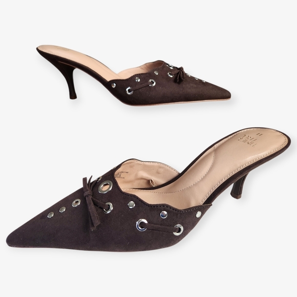 Dark Chocolate Brown Faux Suede Old Money Classic Grommet Pointy Toe Mules Sz 11 - Picture 14 of 15